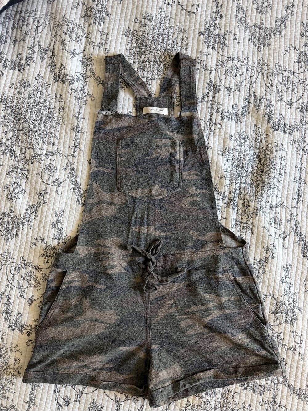 Mustard Seed Camo Short Overalls Romper in Olive/Brown